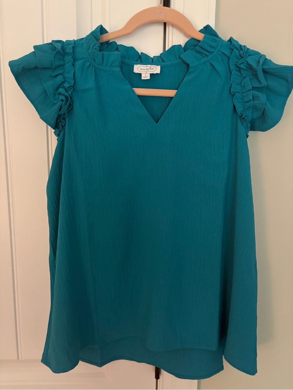 Mud Pie Teal Ruffle Sleeve V-Neck Blouse
